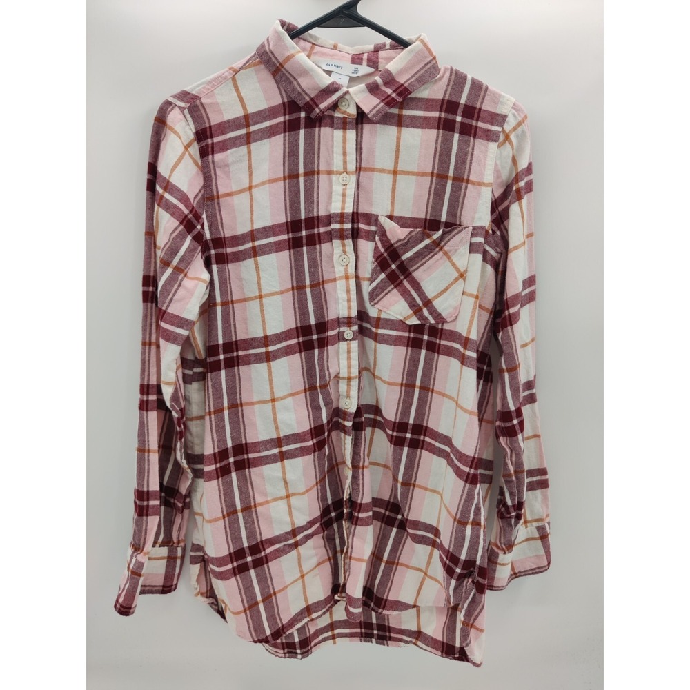 Old Navy Womens Tunic Shirt Long Sleeve Plaid Button Down Burgandy Size‎ Medium